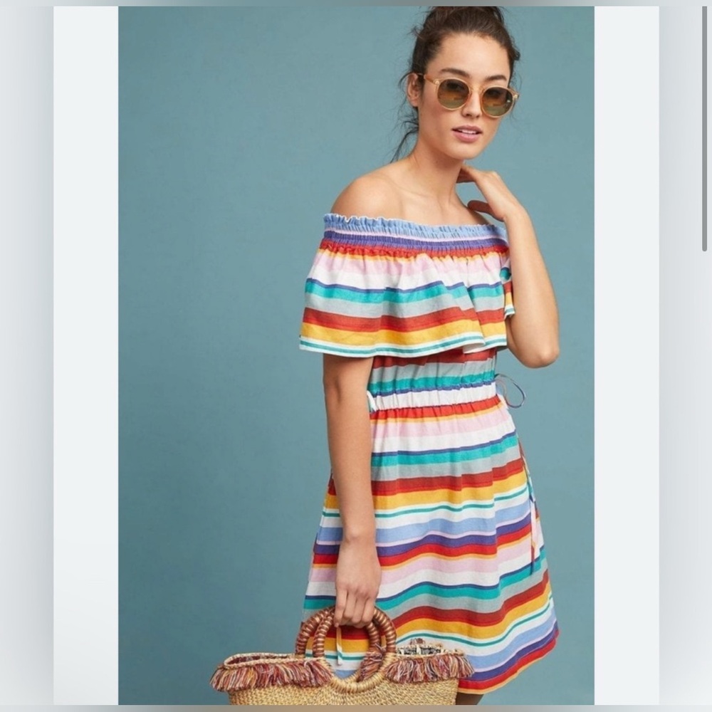 Anthropologie Summer Dress Maeve linen off shoulder colorful sun dress pool‎